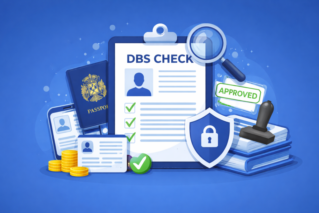 Basic DBS checks document with passport, ID card and security shield illustration