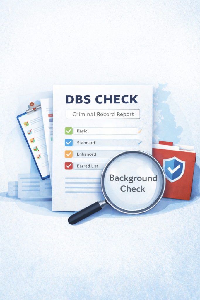 DBS checks document with magnifying glass and shield icon representing safer recruitment and safeguarding