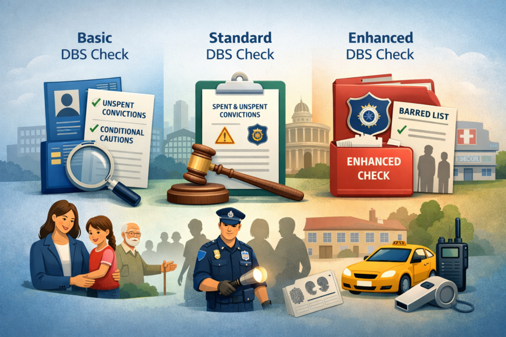 Basic vs enhanced DBS check illustration showing DBS certificate document