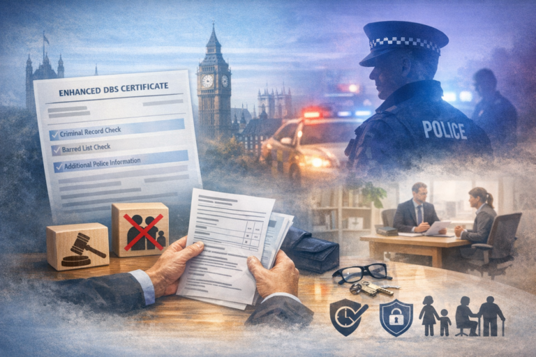 Enhanced DBS check illustration showing criminal record certificate, police officer, and safeguarding symbols