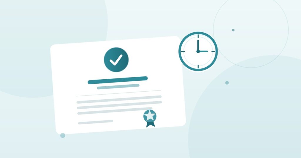 Do DBS checks expire — DBS certificate with a verification badge and a clock representing certificate validity over time
