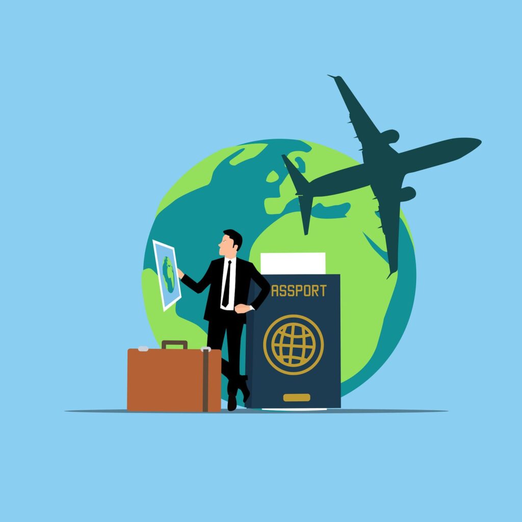 Man standing with suitcases and passport, plane taking off overhead