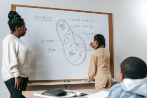 Child and teacher interacting in classroom